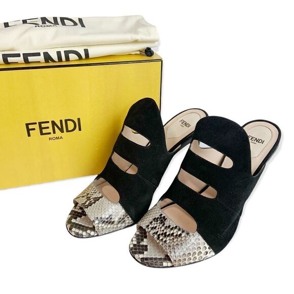 NIB FENDI Black Suede & Snake Skin Slip On Heeled Mules Size EU 39 - Picture 1 of 11